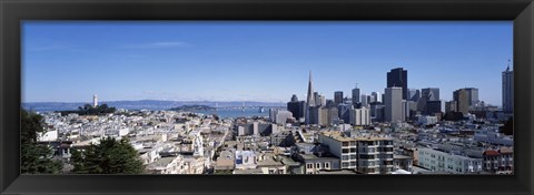 Framed High angle view of a city, Coit Tower, Telegraph Hill, Bay Bridge, San Francisco, California, USA Print