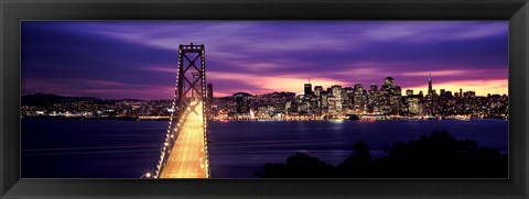 Framed Bridge lit up at dusk, Bay Bridge, San Francisco Bay, San Francisco, California Print