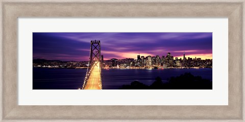 Framed Bridge lit up at dusk, Bay Bridge, San Francisco Bay, San Francisco, California Print