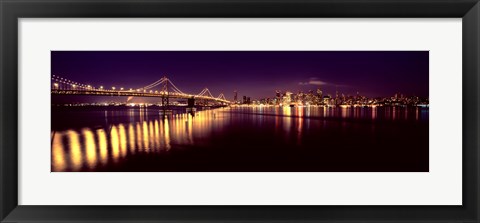 Framed Bridge lit up at night, Bay Bridge, San Francisco Bay, San Francisco, California Print