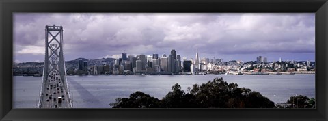 Framed Bridge across a bay with city skyline in the background, Bay Bridge, San Francisco Bay, San Francisco, California, USA Print