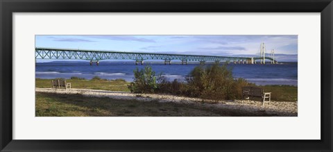 Framed Suspension bridge across a strait, Mackinac Bridge, Mackinaw City, Michigan, USA Print