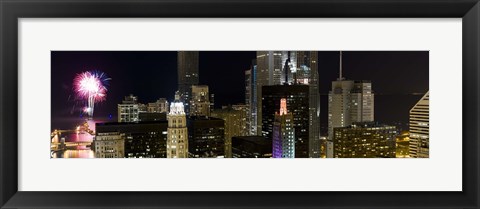 Framed Skyscrapers and firework display in a city at night, Lake Michigan, Chicago, Illinois, USA Print