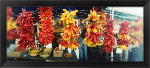 Framed Strands of chili peppers hanging in a market stall, Pike Place Market, Seattle, King County, Washington State, USA Print