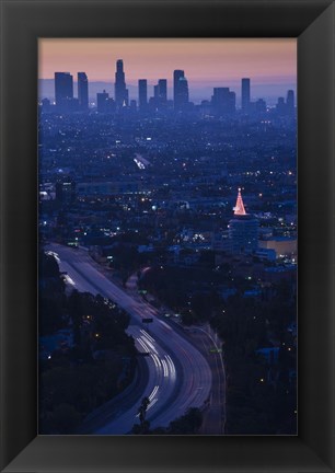 Framed High angle view of highway 101 at dawn, Hollywood Freeway, Hollywood, Los Angeles, California, USA Print