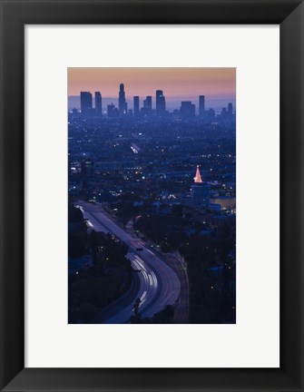 Framed High angle view of highway 101 at dawn, Hollywood Freeway, Hollywood, Los Angeles, California, USA Print