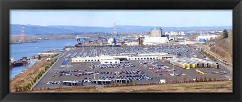 Framed High angle view of large parking lots, Willamette River, Portland, Multnomah County, Oregon, USA Print