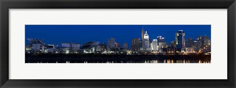 Framed Cincinnati skyline and John A. Roebling Suspension Bridge at twilight from across the Ohio River, Hamilton County, Ohio, USA Print