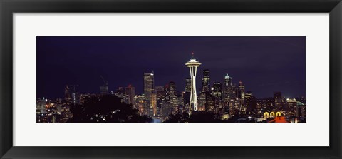 Framed Skyscrapers and Space Needle Lit Up at Night Print