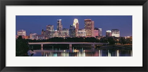 Framed Buildings lit up at night in a city, Minneapolis, Mississippi River, Hennepin County, Minnesota, USA Print