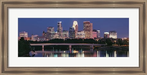 Framed Buildings lit up at night in a city, Minneapolis, Mississippi River, Hennepin County, Minnesota, USA Print