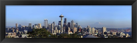 Framed Buildings in a city with mountains in the background, Space Needle, Mt Rainier, Seattle, King County, Washington State, USA 2010 Print