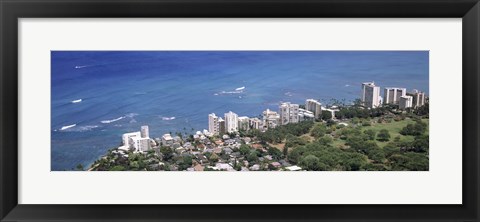 Framed Aerial view of a city at waterfront, Honolulu, Oahu, Honolulu County, Hawaii, USA 2010 Print