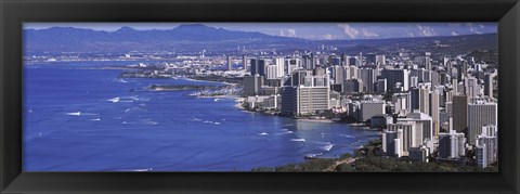 Framed High angle view of a city at waterfront, Honolulu, Oahu, Honolulu County, Hawaii Print