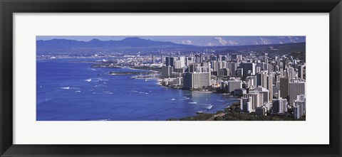 Framed High angle view of a city at waterfront, Honolulu, Oahu, Honolulu County, Hawaii Print