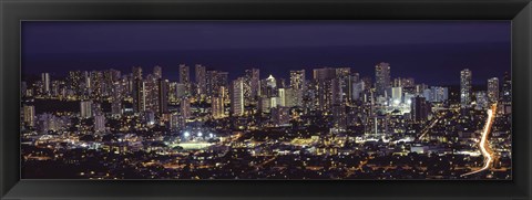 Framed High angle view of a city lit up at night, Honolulu, Oahu, Honolulu County, Hawaii Print