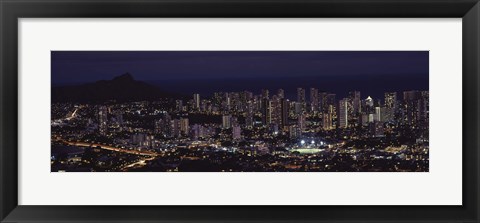 Framed High angle view of a city lit up at night, Honolulu, Oahu, Honolulu County, Hawaii, USA Print