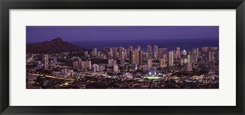 Framed High angle view of a city lit up at dusk, Honolulu, Oahu, Honolulu County, Hawaii Print