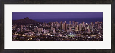 Framed High angle view of a city lit up at dusk, Honolulu, Oahu, Honolulu County, Hawaii Print
