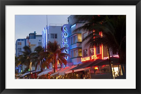 Framed Hotels lit up at dusk in a city, Miami, Miami-Dade County, Florida, USA Print