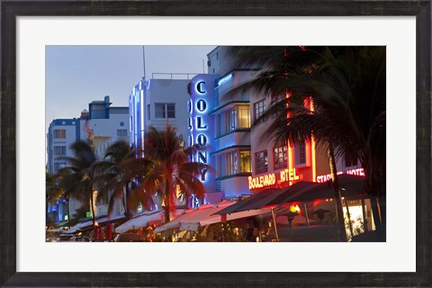 Framed Hotels lit up at dusk in a city, Miami, Miami-Dade County, Florida, USA Print