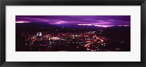 Framed Aerial view of a city lit up at night, Asheville, Buncombe County, North Carolina, USA 2011 Print