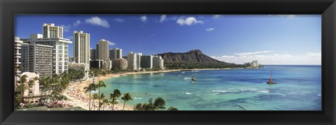 Framed Buildings along the coastline, Diamond Head, Waikiki Beach, Oahu, Honolulu, Hawaii, USA Print