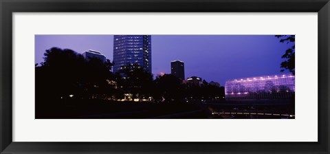 Framed Devon Tower and Crystal Bridge Tropical Conservatory at night, Oklahoma City, Oklahoma, USA Print