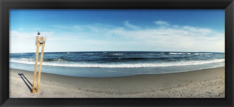 Framed Seagull standing on a wooden post at Fort Tilden Beach, Queens, New York City Print