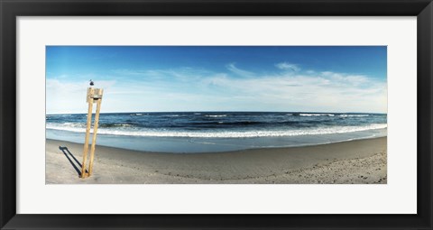 Framed Seagull standing on a wooden post at Fort Tilden Beach, Queens, New York City Print