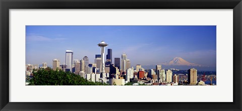 Framed Skyscrapers with mountain in the background, Mt Rainier, Mt Rainier National Park, Space Needle, Seattle, Washington State, USA Print