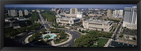 Framed Aerial view of buildings in a city, Logan Circle, Ben Franklin Parkway, Philadelphia, Pennsylvania, USA Print