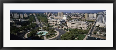 Framed Aerial view of buildings in a city, Logan Circle, Ben Franklin Parkway, Philadelphia, Pennsylvania, USA Print