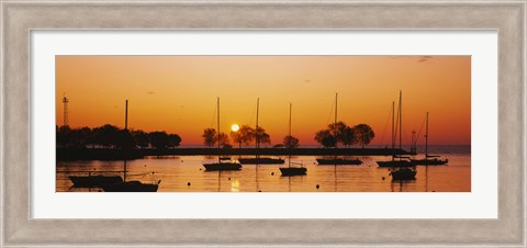 Framed Silhouette of sailboats in a lake, Lake Michigan, Chicago, Illinois, USA Print