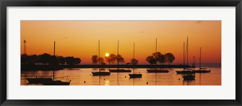 Framed Silhouette of sailboats in a lake, Lake Michigan, Chicago, Illinois, USA Print