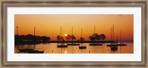 Framed Silhouette of sailboats in a lake, Lake Michigan, Chicago, Illinois, USA Print
