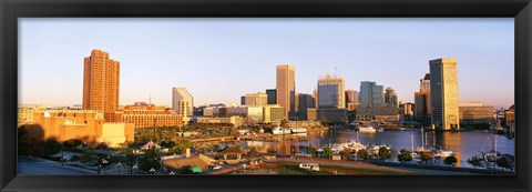 Framed USA, Maryland, Baltimore, High angle view from Federal Hill Parkof Inner Harbor area and skyline Print