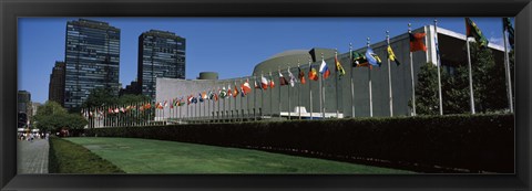 Framed Government building in a city, United Nations Building, Central Park, Manhattan, New York City, New York State, USA Print