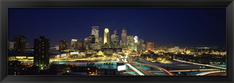 Framed Buildings lit up at night in a city, Minneapolis, Hennepin County, Minnesota, USA Print