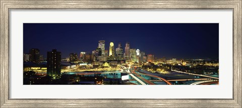 Framed Buildings lit up at night in a city, Minneapolis, Hennepin County, Minnesota, USA Print