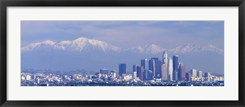 Framed Buildings in a city with snowcapped mountains in the background, San Gabriel Mountains, City of Los Angeles, California, USA Print