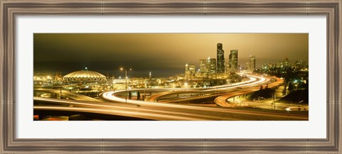 Framed Buildings lit up at night, Seattle, Washington State, USA Print