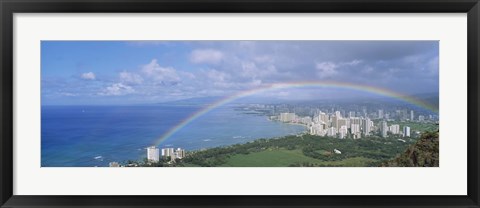 Framed Rainbow Over A City, Waikiki, Honolulu, Oahu, Hawaii, USA Print