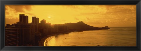 Framed USA, Hawaii, Honolulu, Waikiki Beach, Sunrise view of city and beach Print