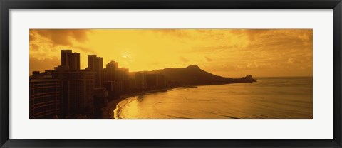 Framed USA, Hawaii, Honolulu, Waikiki Beach, Sunrise view of city and beach Print