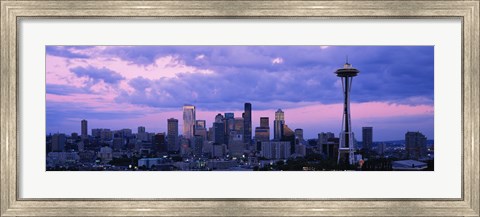 Framed Seattle Skyline with Purple Sky and Clouds Print