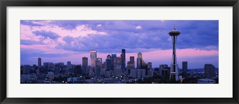 Framed Seattle Skyline with Purple Sky and Clouds Print