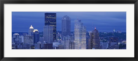 Framed High angle view of skyscrapers lit up at dusk, Pittsburgh, Pennsylvania, USA Print