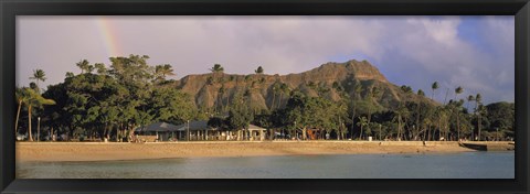 Framed USA, Hawaii, Oahu, Honolulu, Diamond Head St Park, View of a rainbow over a beach resort Print