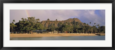 Framed USA, Hawaii, Oahu, Honolulu, Diamond Head St Park, View of a rainbow over a beach resort Print